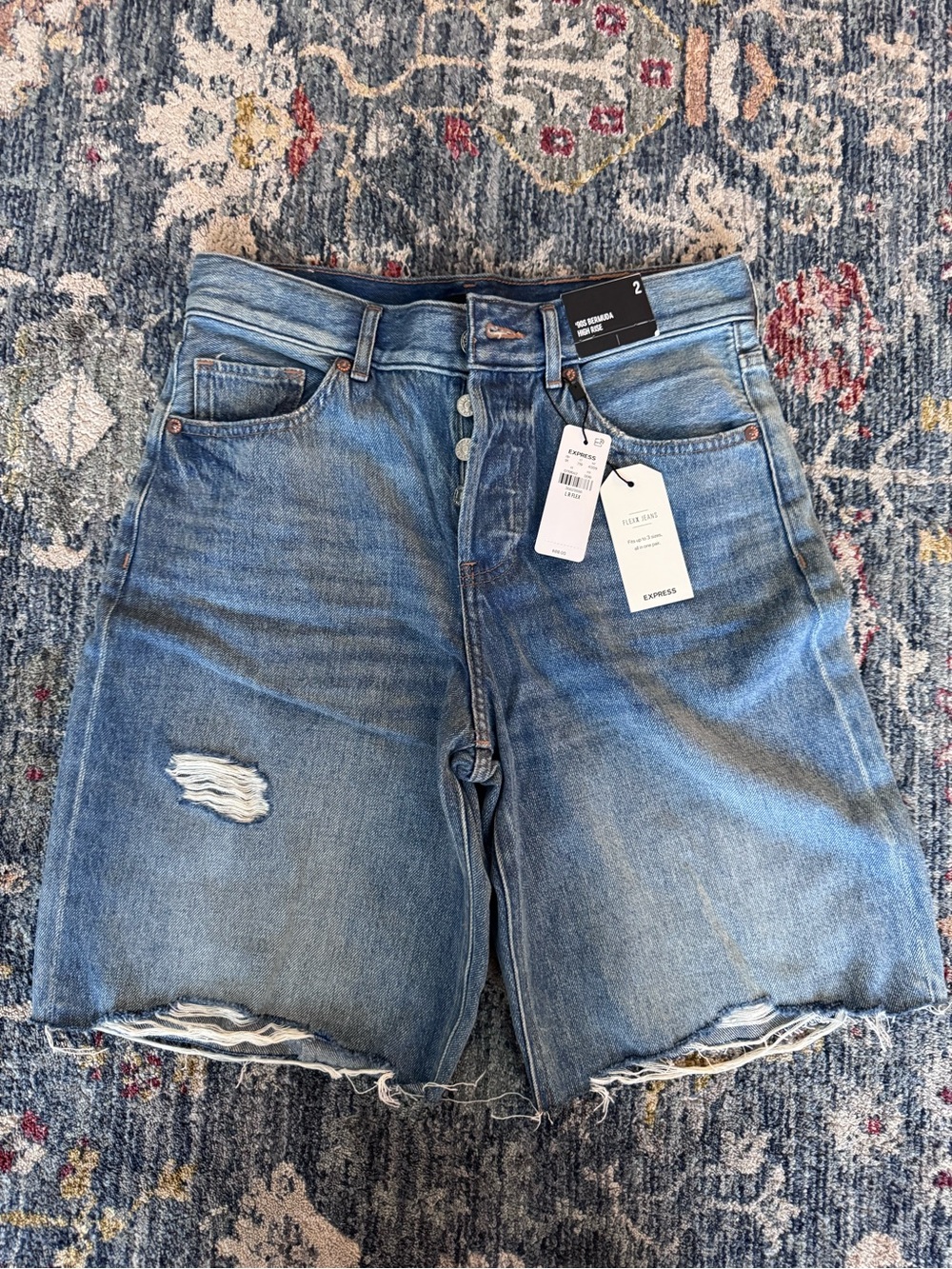 Express Light Blue High-Rise Distressed Jean Shorts